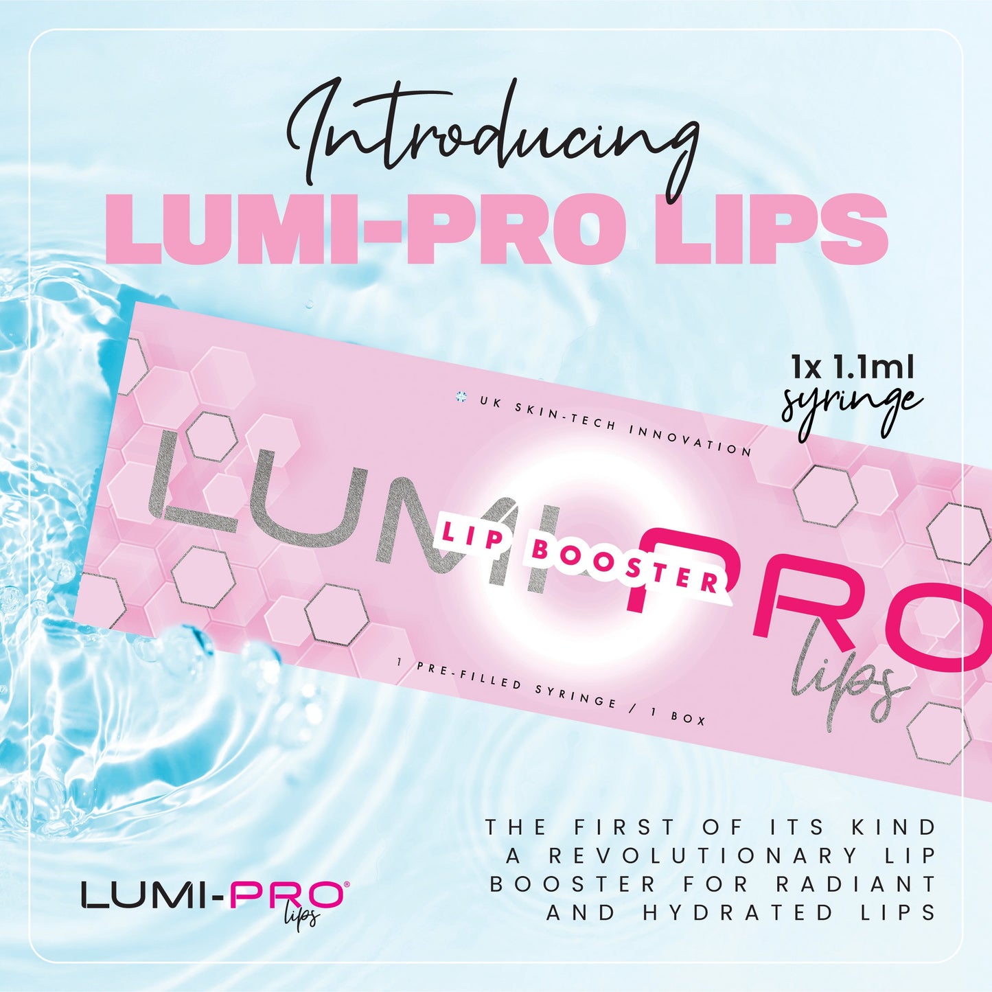 Promotional image of LUMI-PRO Lips lip booster product, featuring a pink product box with hexagonal design elements, water splash background, and text highlighting it as a revolutionary lip hydration solution with 1x 1.1ml syringe.