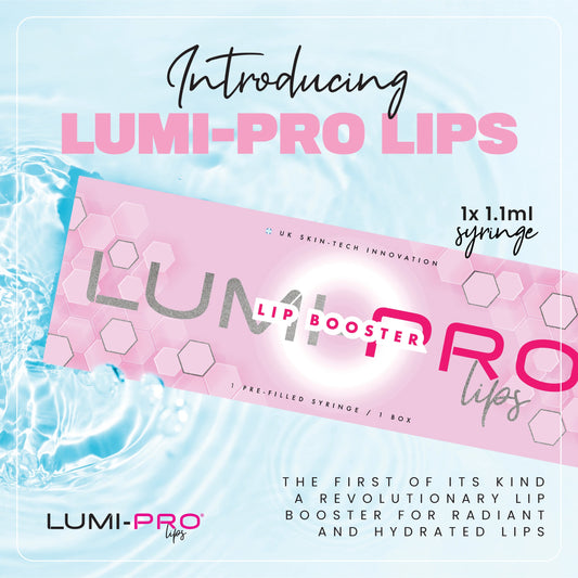 Promotional image of LUMI-PRO Lips lip booster product, featuring a pink product box with hexagonal design elements, water splash background, and text highlighting it as a revolutionary lip hydration solution with 1x 1.1ml syringe.