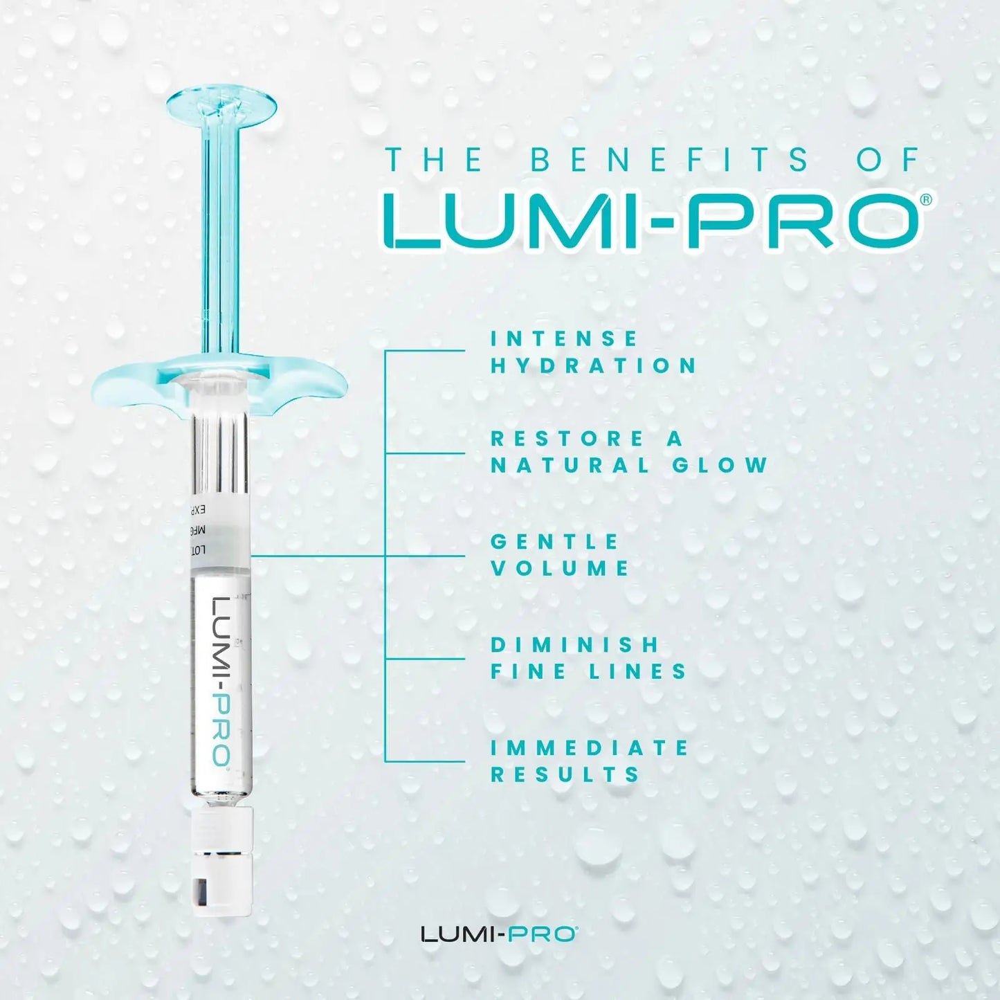 LUMI-PRO skin booster syringe with listed benefits: intense hydration, restore natural glow, gentle volume, diminish fine lines, and immediate results. Background shows water droplets symbolizing deep skin hydration.