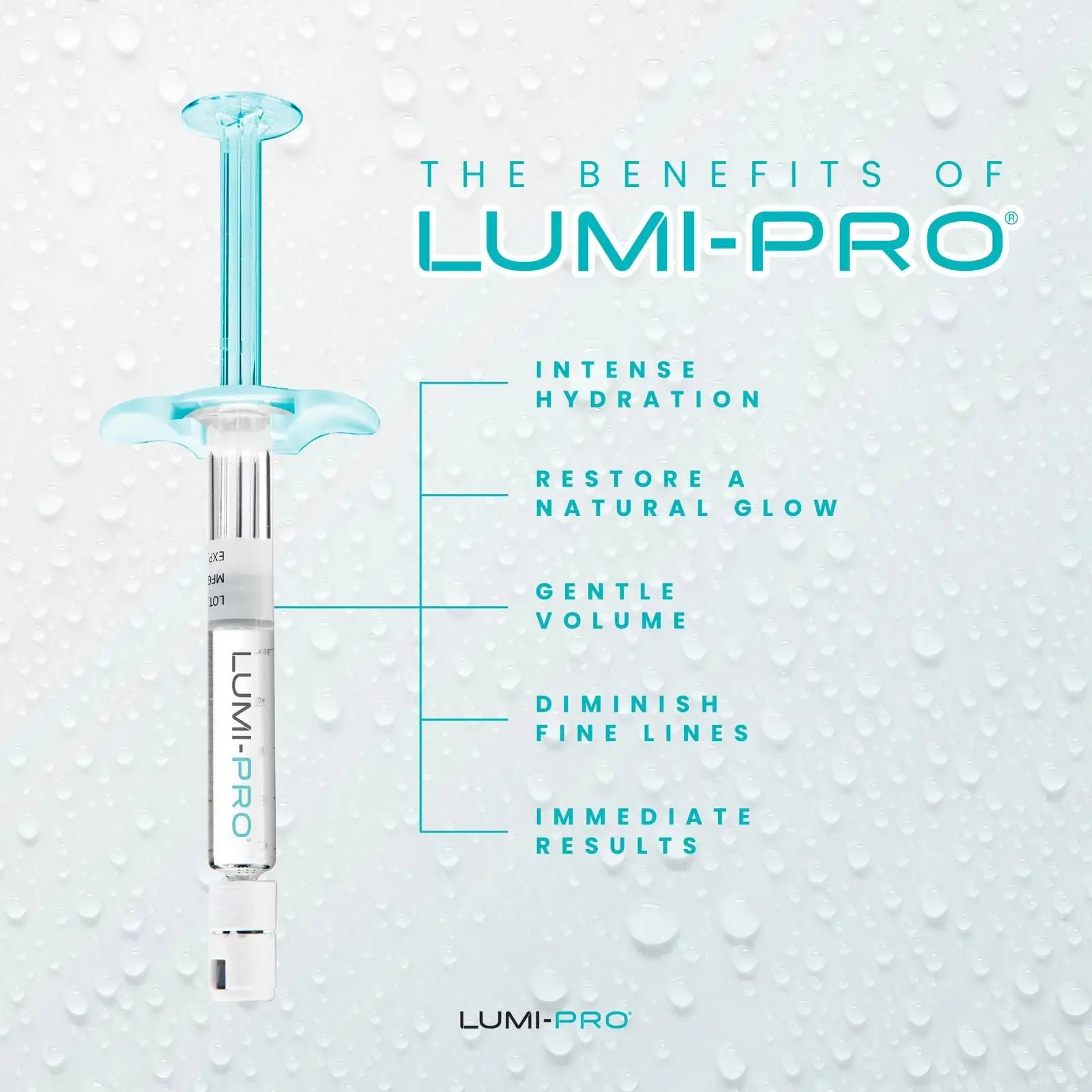 LUMI-PRO skin booster syringe with listed benefits: intense hydration, restore natural glow, gentle volume, diminish fine lines, and immediate results. Background shows water droplets symbolizing deep skin hydration.